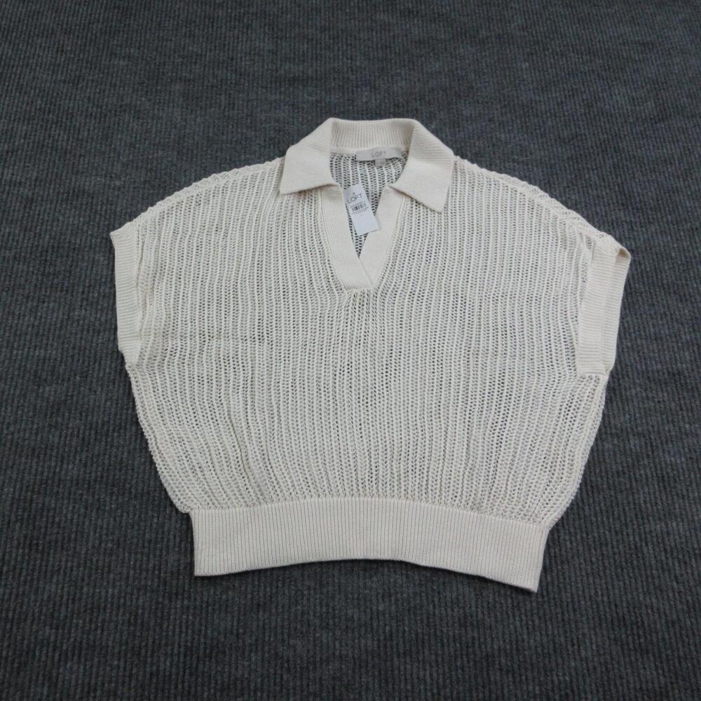 LOFT Sweater Womens L White Open-Knit Collared Cap Sleeve Pullover NWT